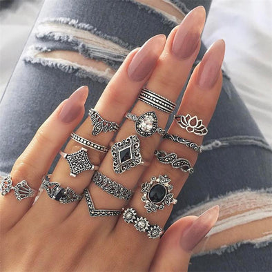 15 Pcs Punk Crown Ring Set