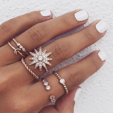 6 Pcs Snowflake Star Moon Ring